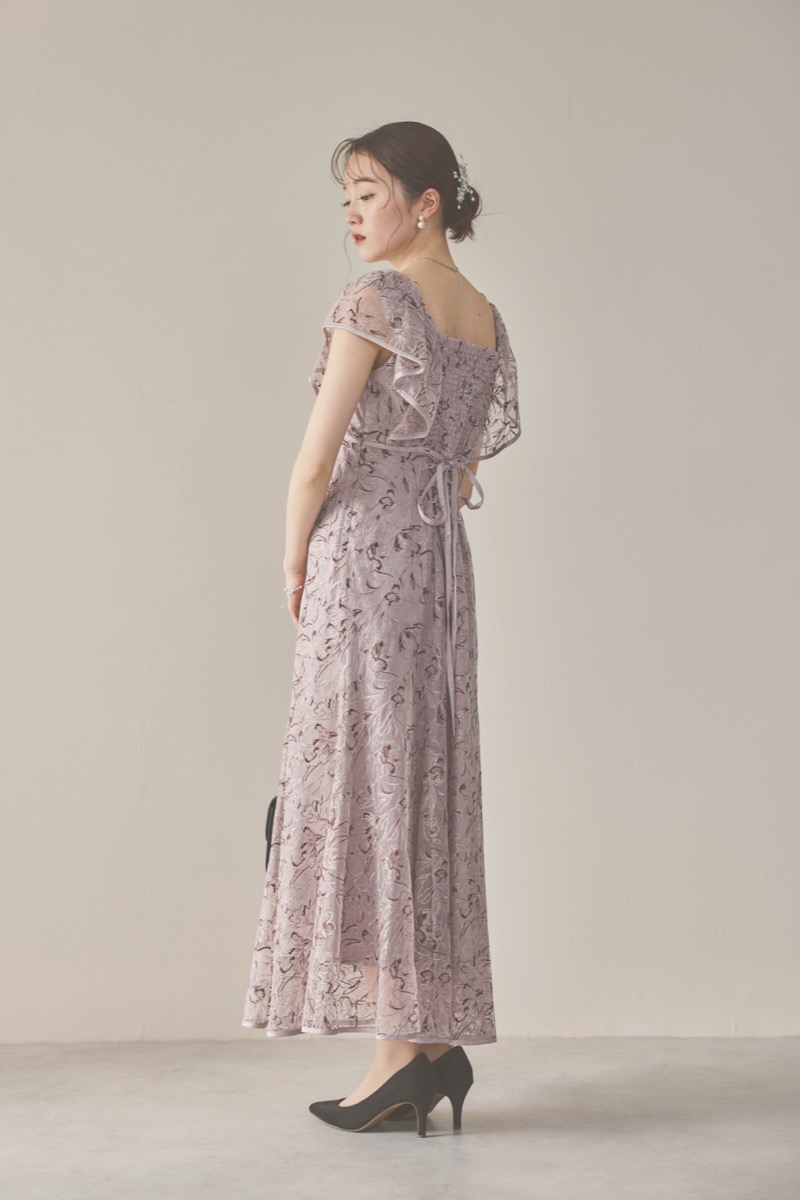 パープルのチュール刺繍マーメイドドレス