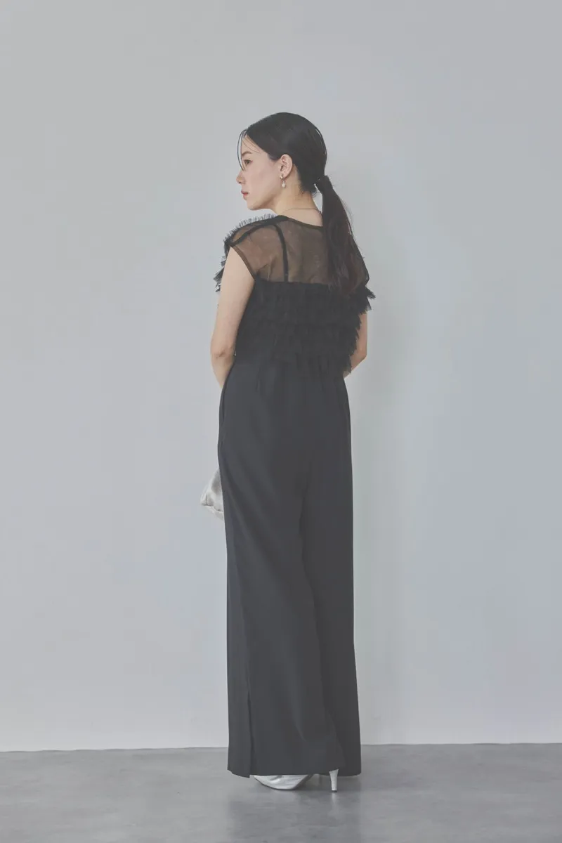 ブラックのチュールフリルオールインワンドレス