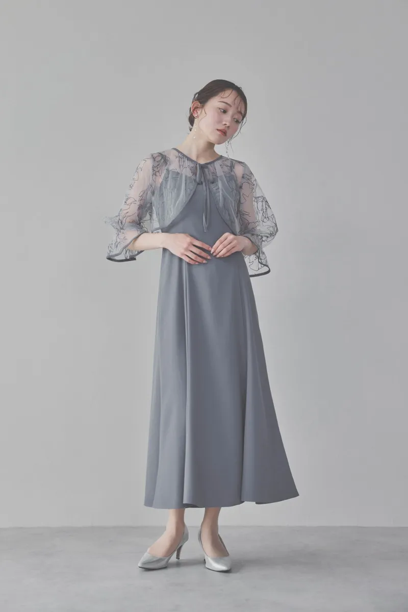 サックスの線描フラワー刺繍ボレロセットドレス