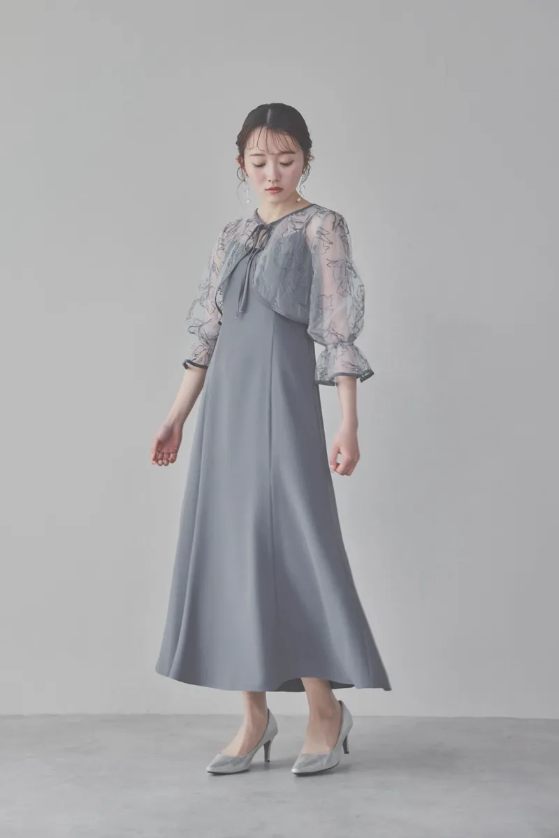 サックスの線描フラワー刺繍ボレロセットドレス