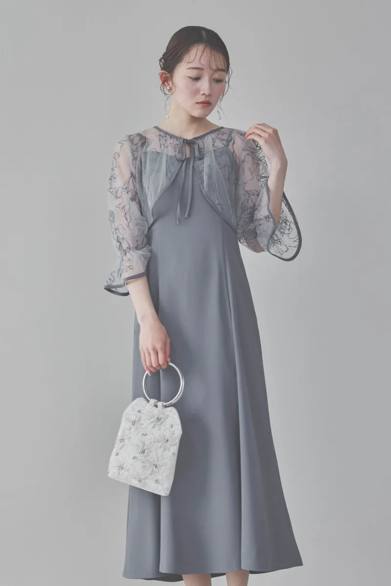 サックスの線描フラワー刺繍ボレロセットドレス