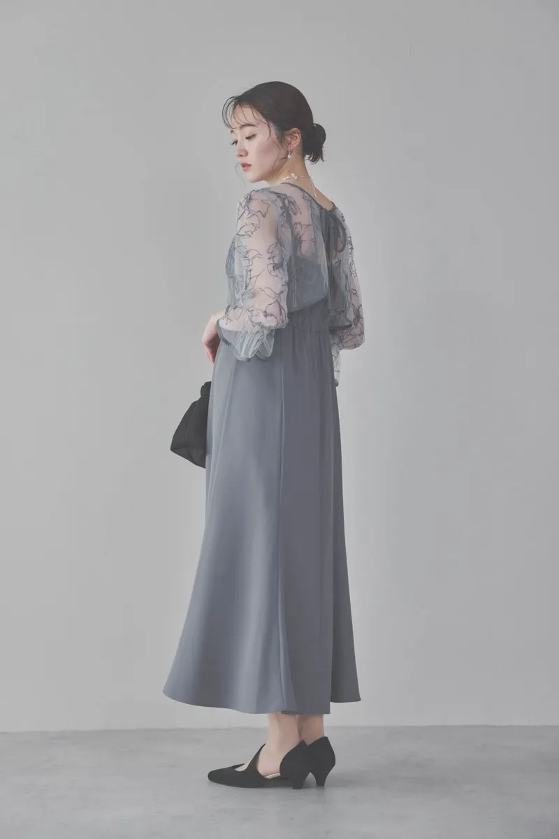 サックスの線描フラワー刺繍ボレロセットドレス