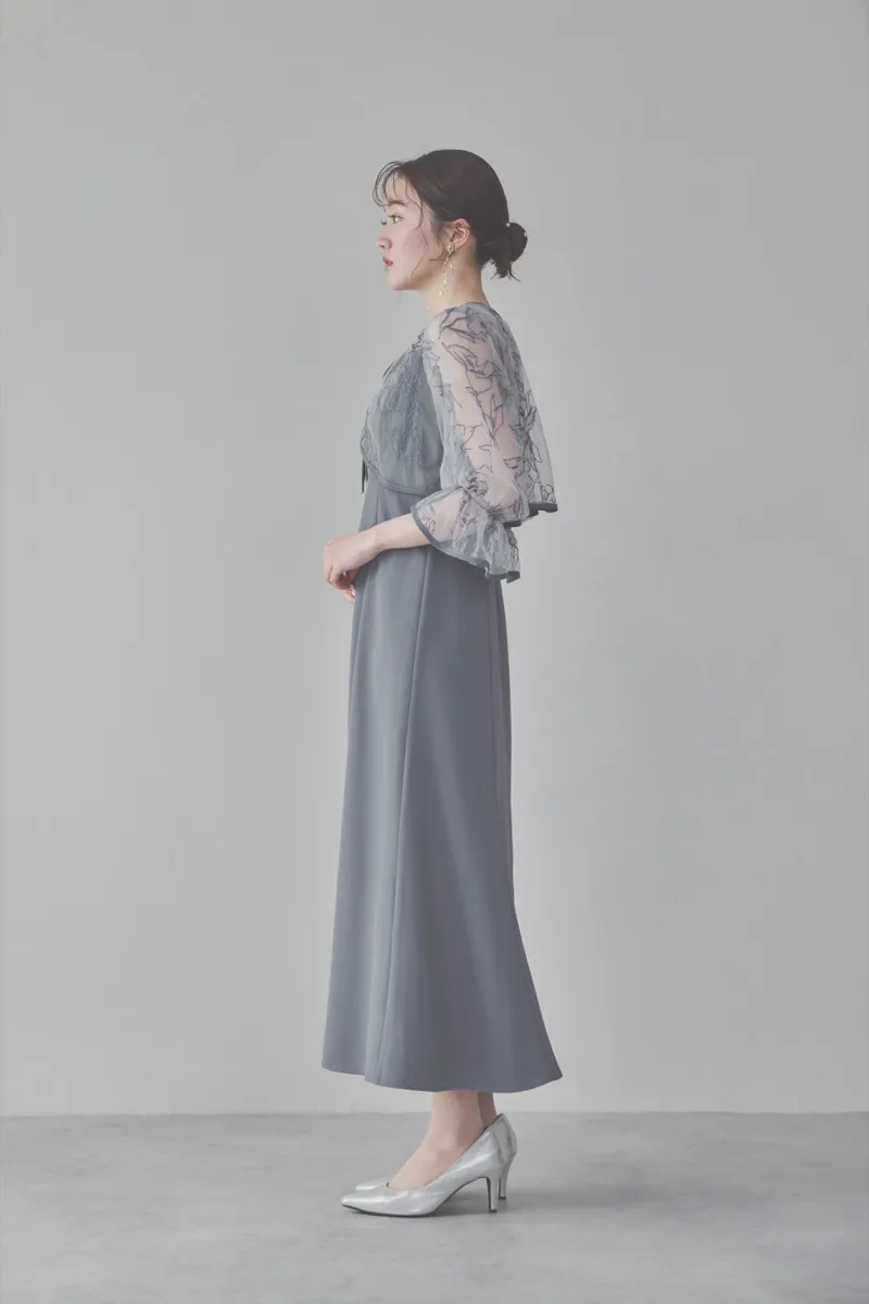 サックスの線描フラワー刺繍ボレロセットドレス