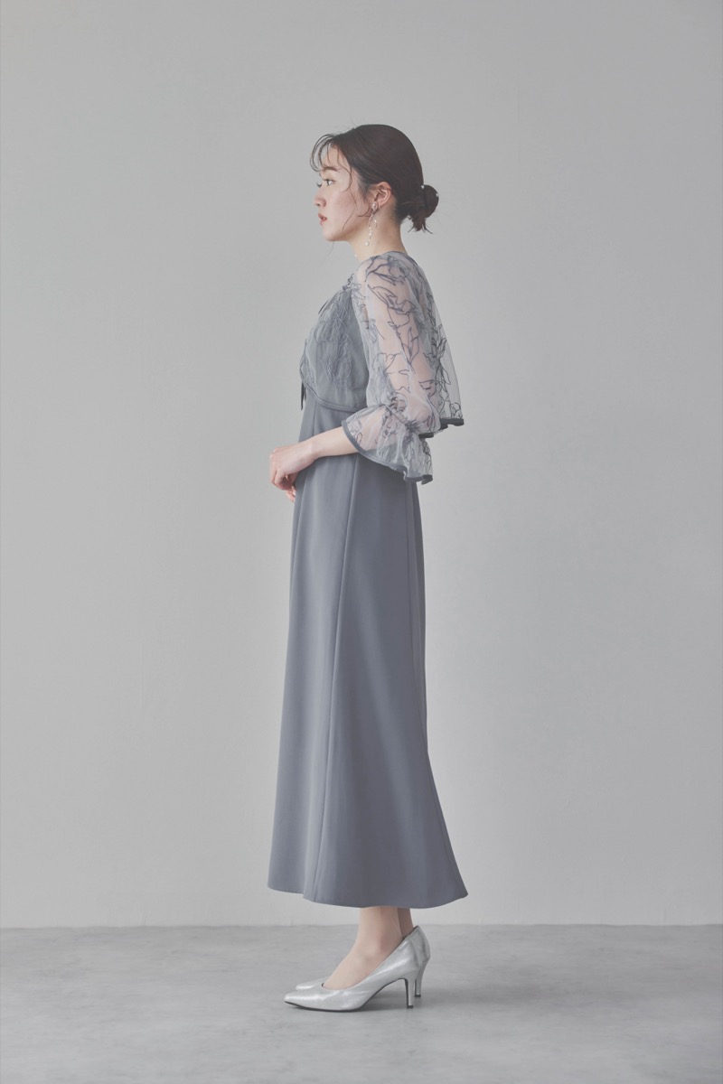 サックスの線描フラワー刺繍ボレロセットドレス