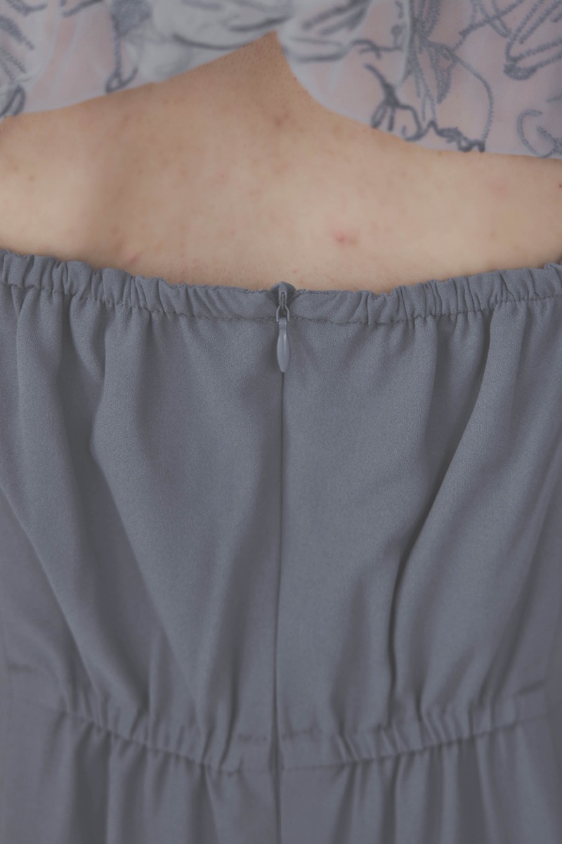 サックスの線描フラワー刺繍ボレロセットドレス