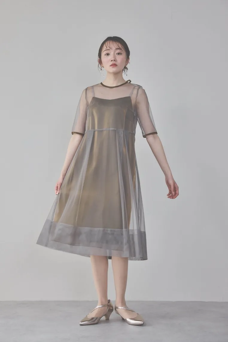 ブラウンのチュール×シャンブレードレス