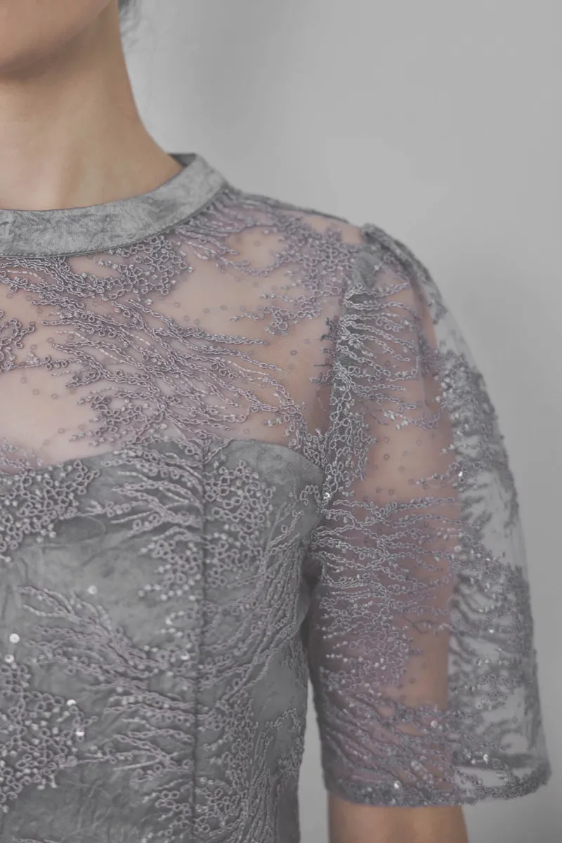 グレーのシャイニーエンブロイダリードレス