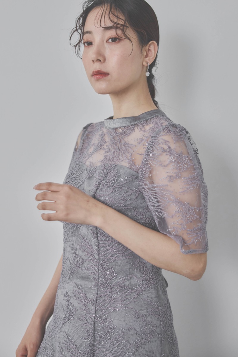 グレーのシャイニーエンブロイダリードレス