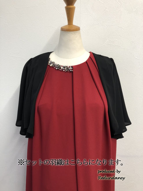 レッドのビジューネック2wayタックドレスコーディネートセット