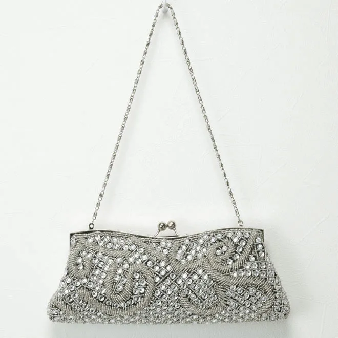 唐草模様のビジュー付きシルバーバッグ