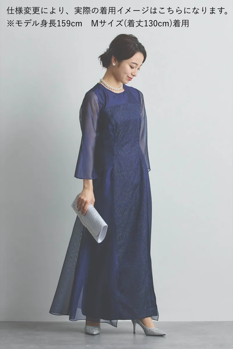 シルバーのラメ刺繍シフォン切替ロングドレス [ 店頭販売価格 59,400円 ]