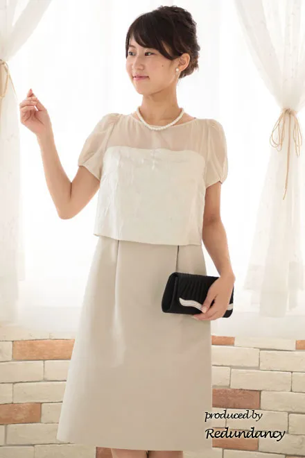 ベージュのシアースリーブ切替コットンドレスコーディネートセット