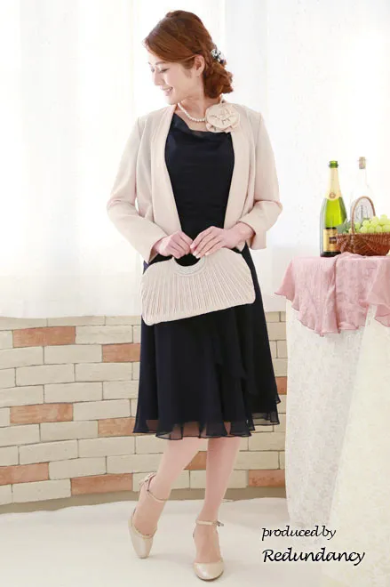 ネイビーの背中編み上げシフォンミモレ丈ドレスコーディネートセット