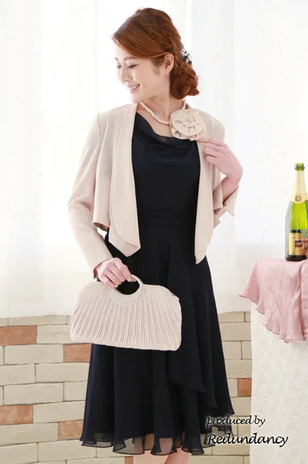 ネイビーの背中編み上げシフォンミモレ丈ドレスコーディネートセット