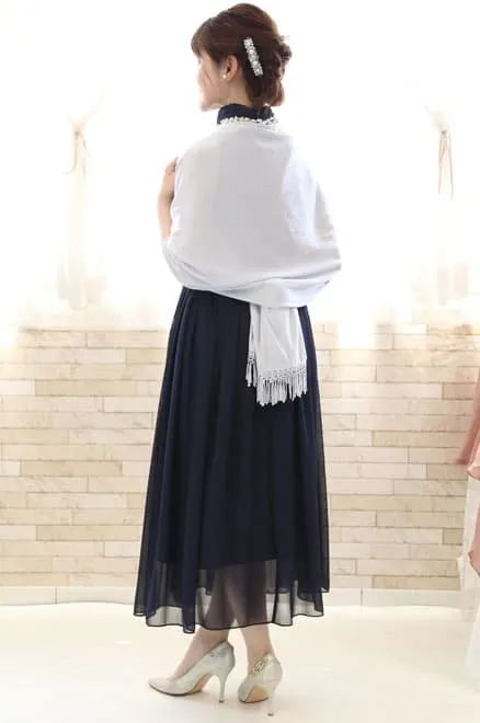 ネイビーのウエストギャザープリーツドレス