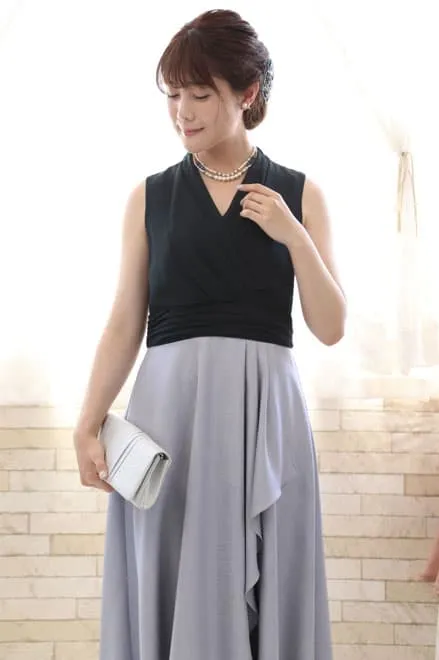 ネイビー×ブルーのバイカラーカシュクールドレス