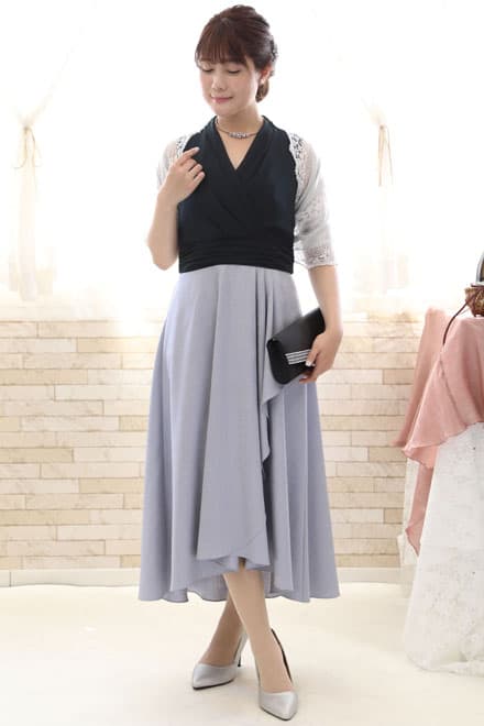 ネイビー×ブルーのバイカラーカシュクールドレス