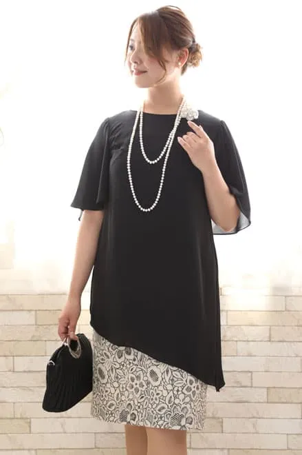 ブラック×ベージュのポンチョ付きセットドレス