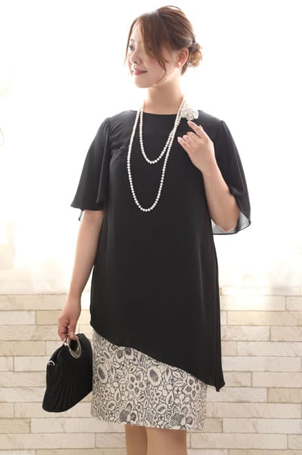 ブラック×ベージュのポンチョ付きセットドレス