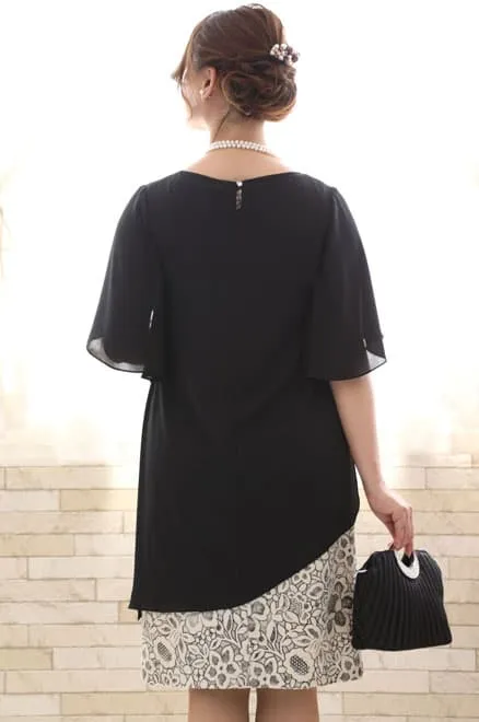 ブラック×ベージュのポンチョ付きセットドレス