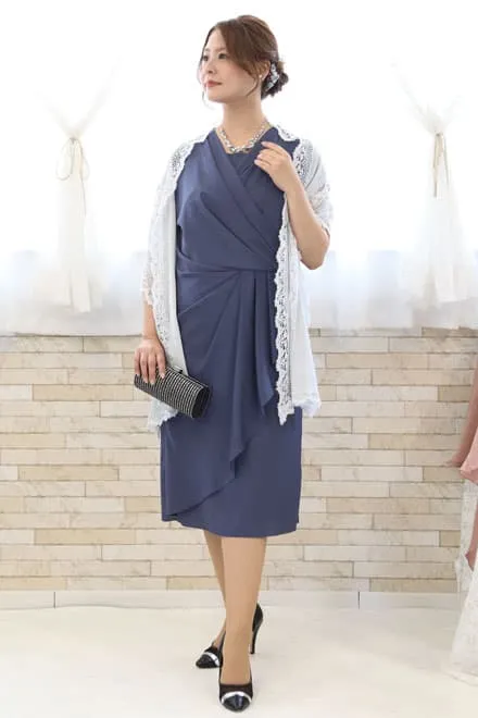 ブルーのアシンメトリーカシュクールドレス