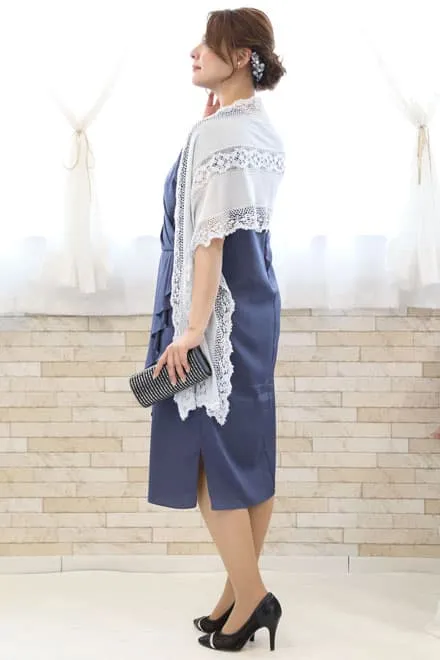 ブルーのアシンメトリーカシュクールドレス