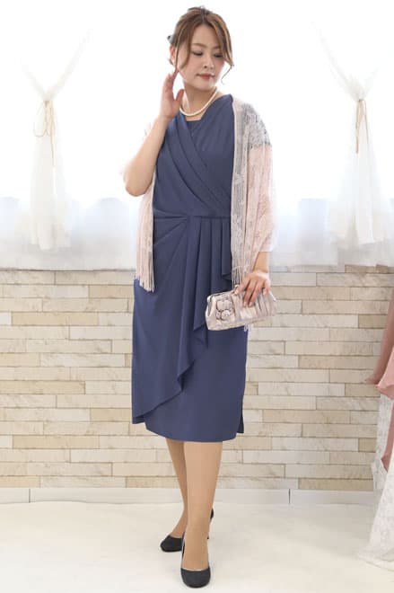 ブルーのアシンメトリーカシュクールドレス