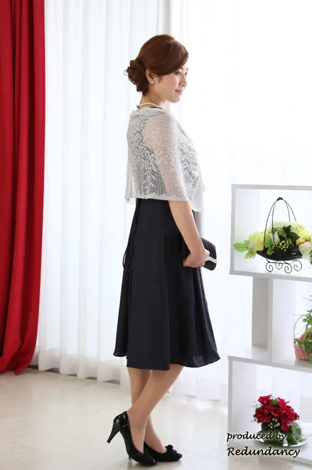 ネイビーのウエストビジューミモレ丈ドレスコーディネートセット