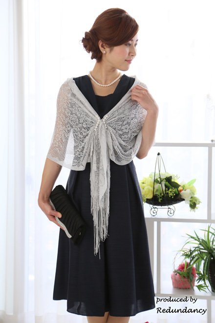 ネイビーのウエストビジューミモレ丈ドレスコーディネートセット