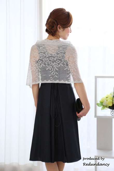 ネイビーのウエストビジューミモレ丈ドレスコーディネートセット