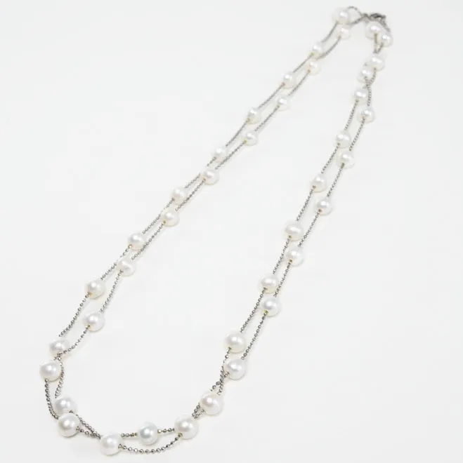 ホワイトパールとボールチェーンのロングネックレス