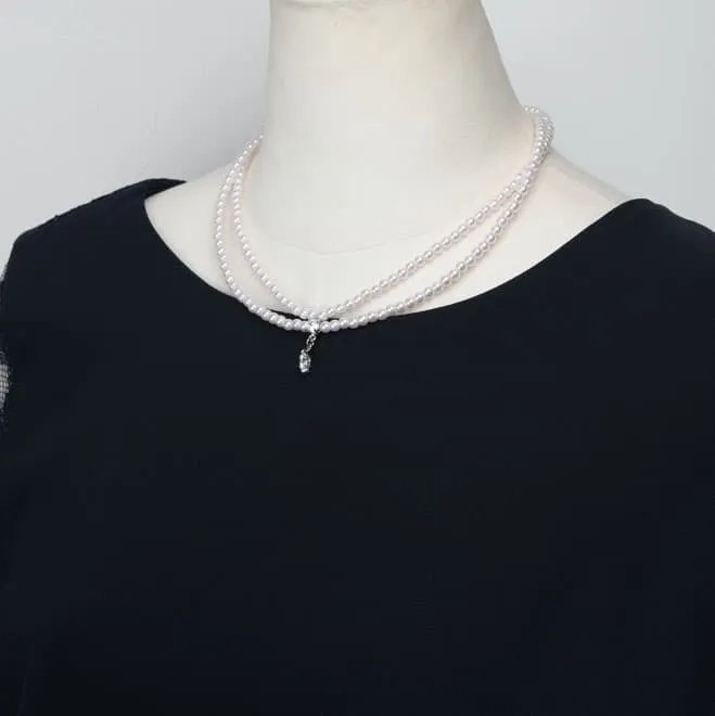 ホワイトパール2連のクリスタルチャームネックレス