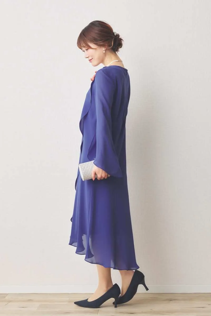 ブルーのドレープシフォンドレス