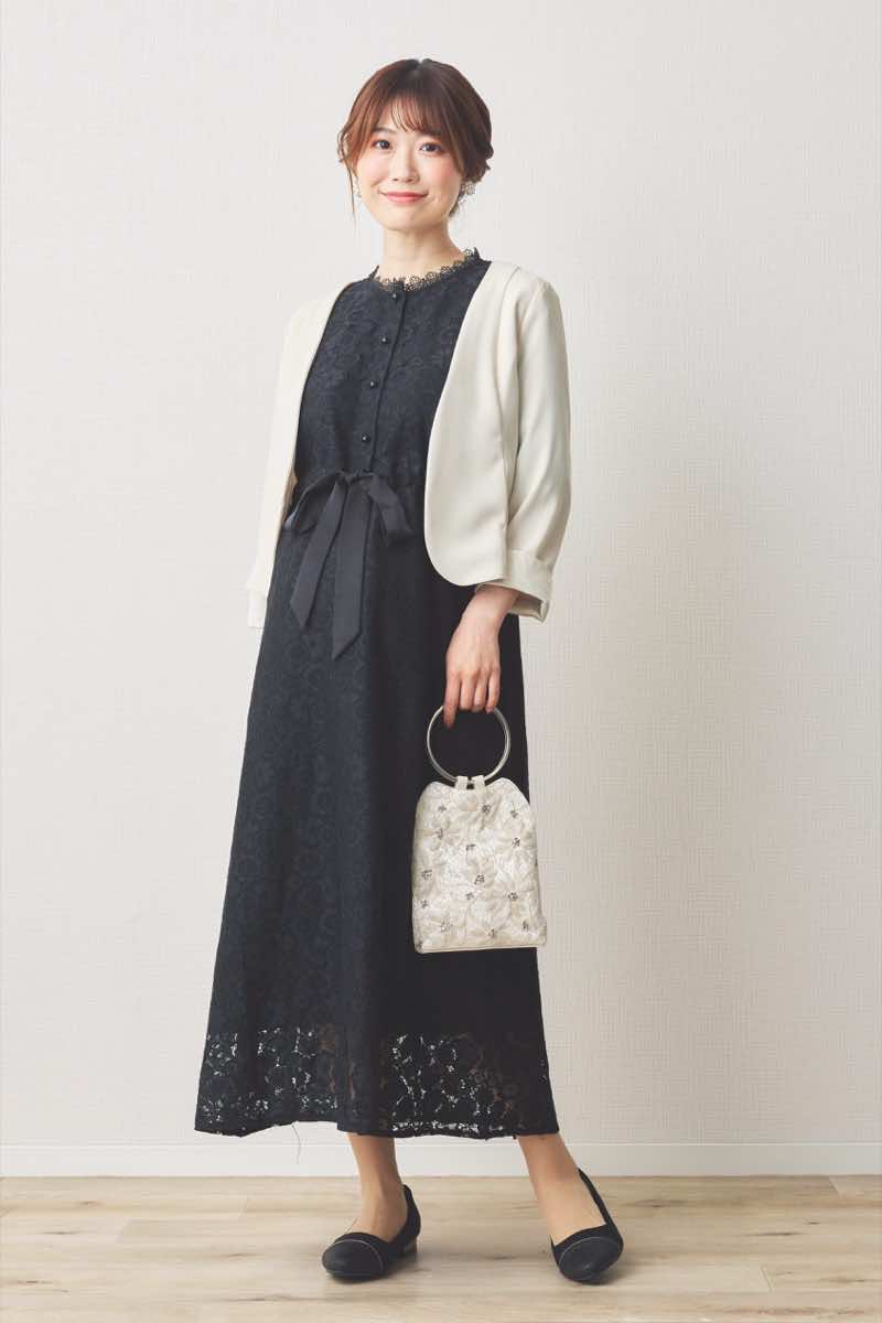 ブラックの前開き総レースマタニティドレス