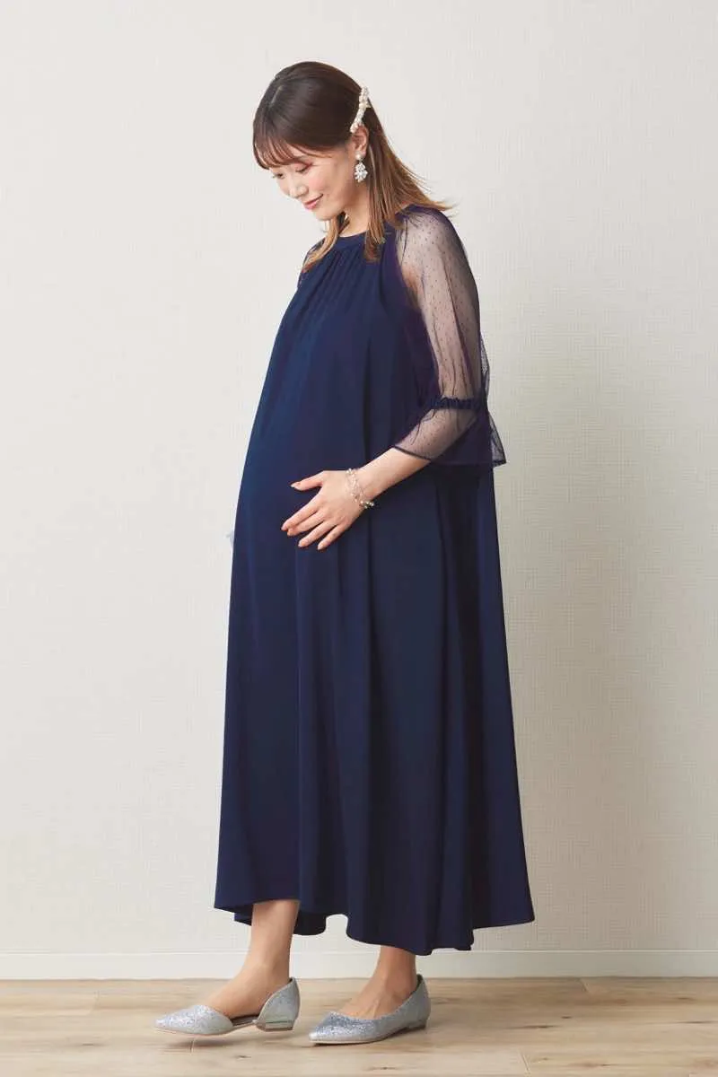 ネイビーのドットレースラグランスリーブドレス