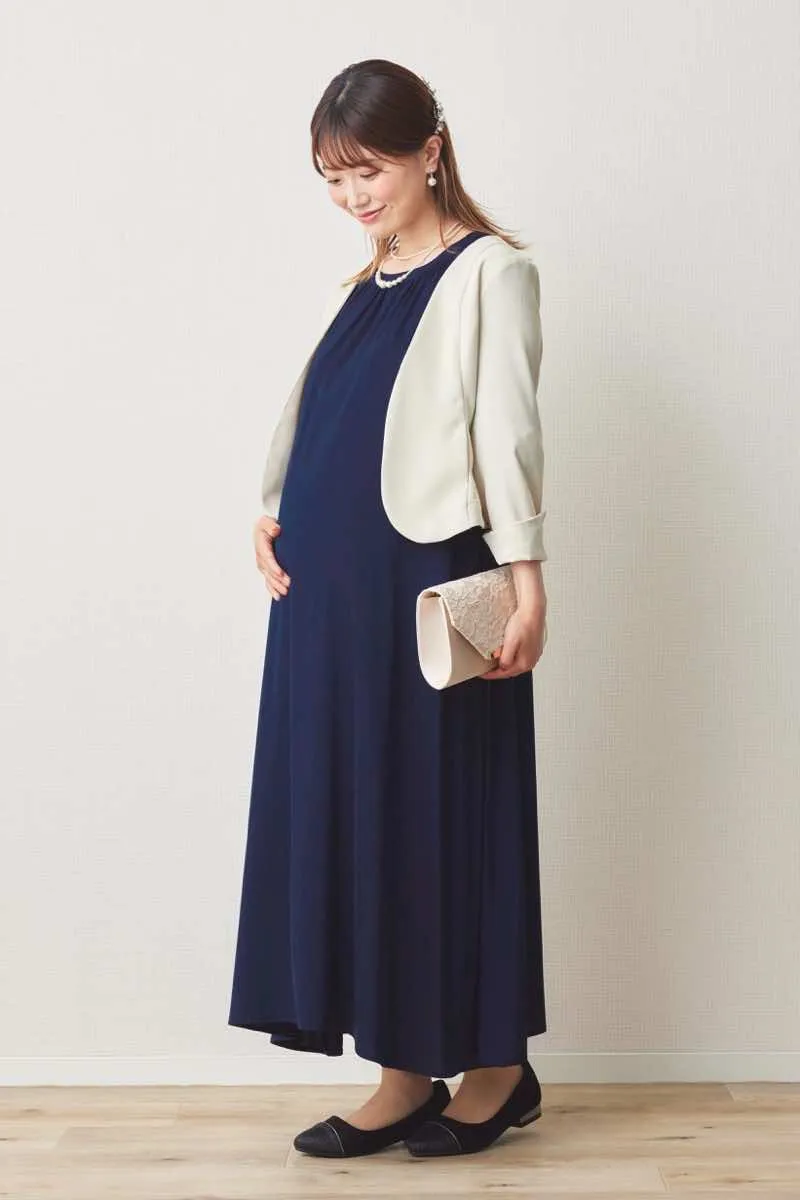 ネイビーのドットレースラグランスリーブドレス