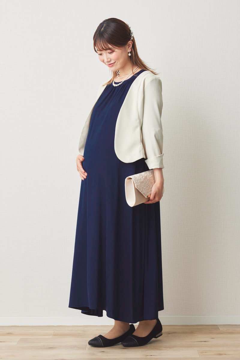 ネイビーのドットレースラグランスリーブドレス