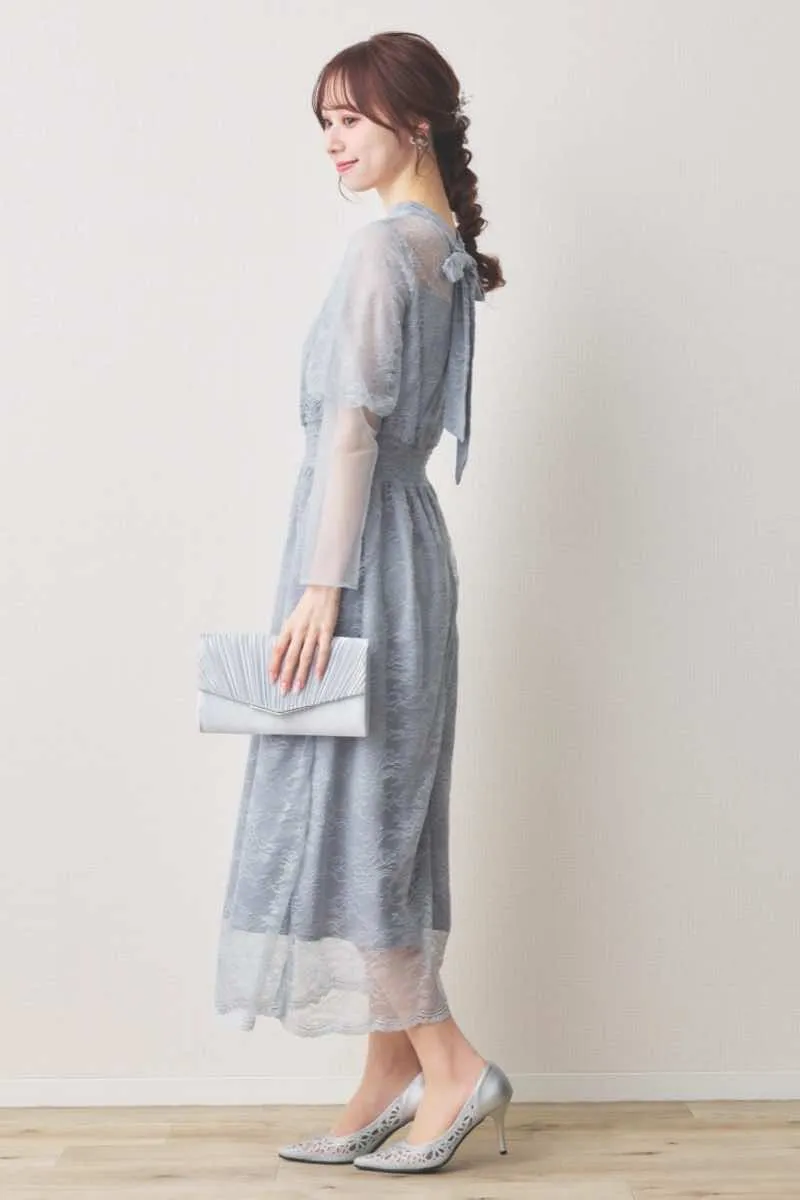 ブルーのバルーンロングスリーブ総レースドレス