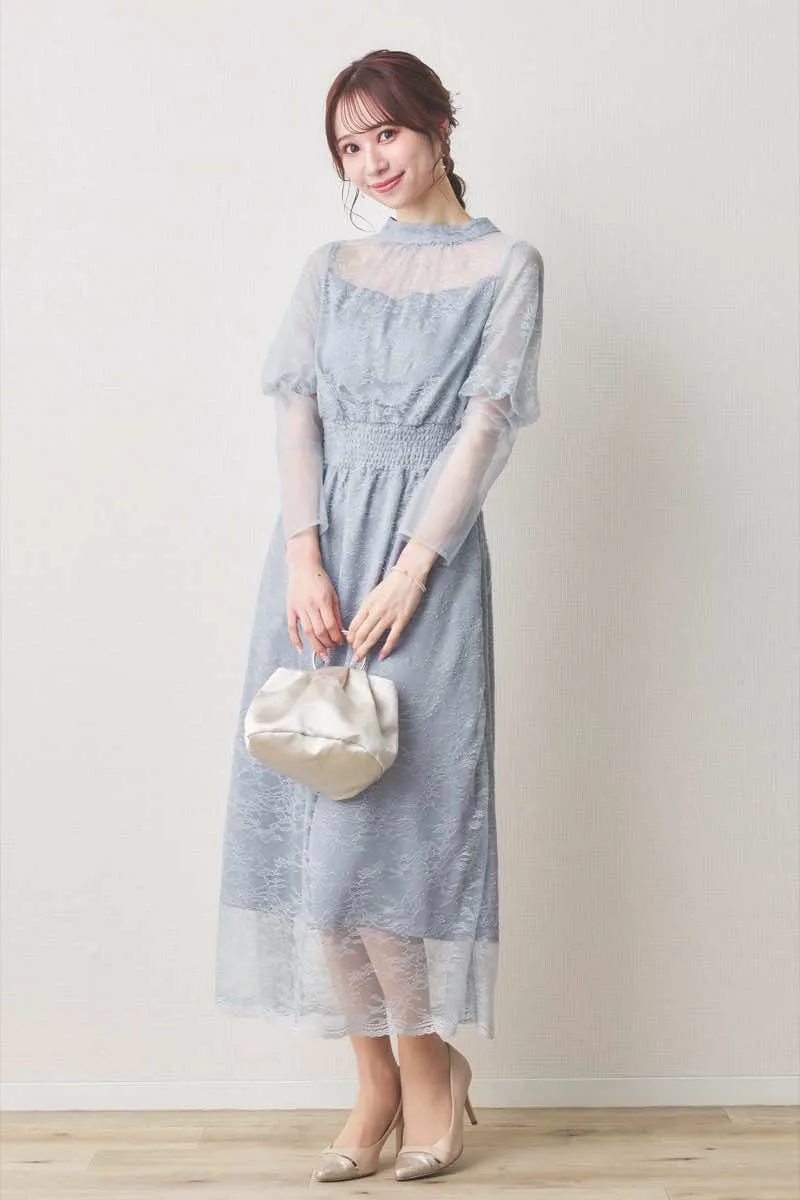 ブルーのバルーンロングスリーブ総レースドレス