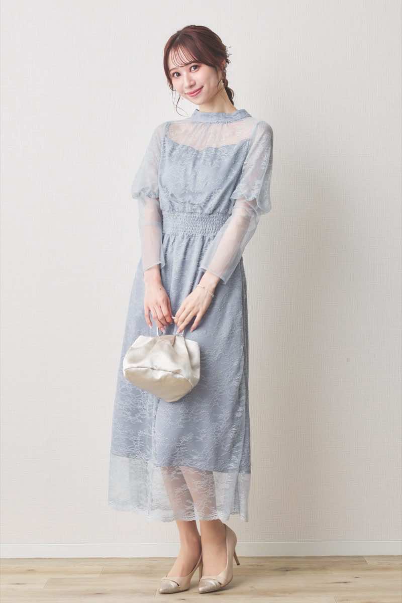 ブルーのバルーンロングスリーブ総レースドレス