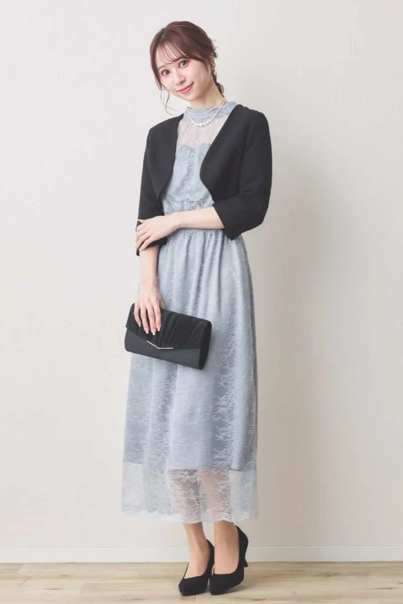 ブルーのバルーンロングスリーブ総レースドレス