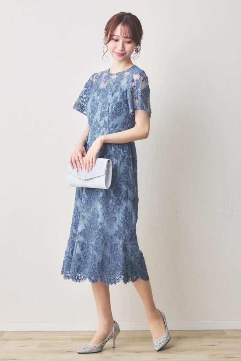 インディゴブルーの配色レースマーメイドドレス