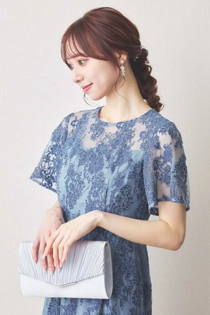 インディゴブルーの配色レースマーメイドドレス