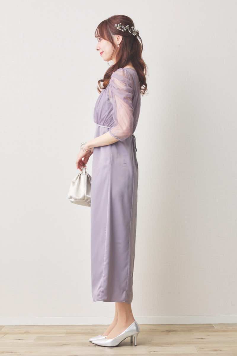 ラベンダーの総レースボレロ付きバックデザインドレス