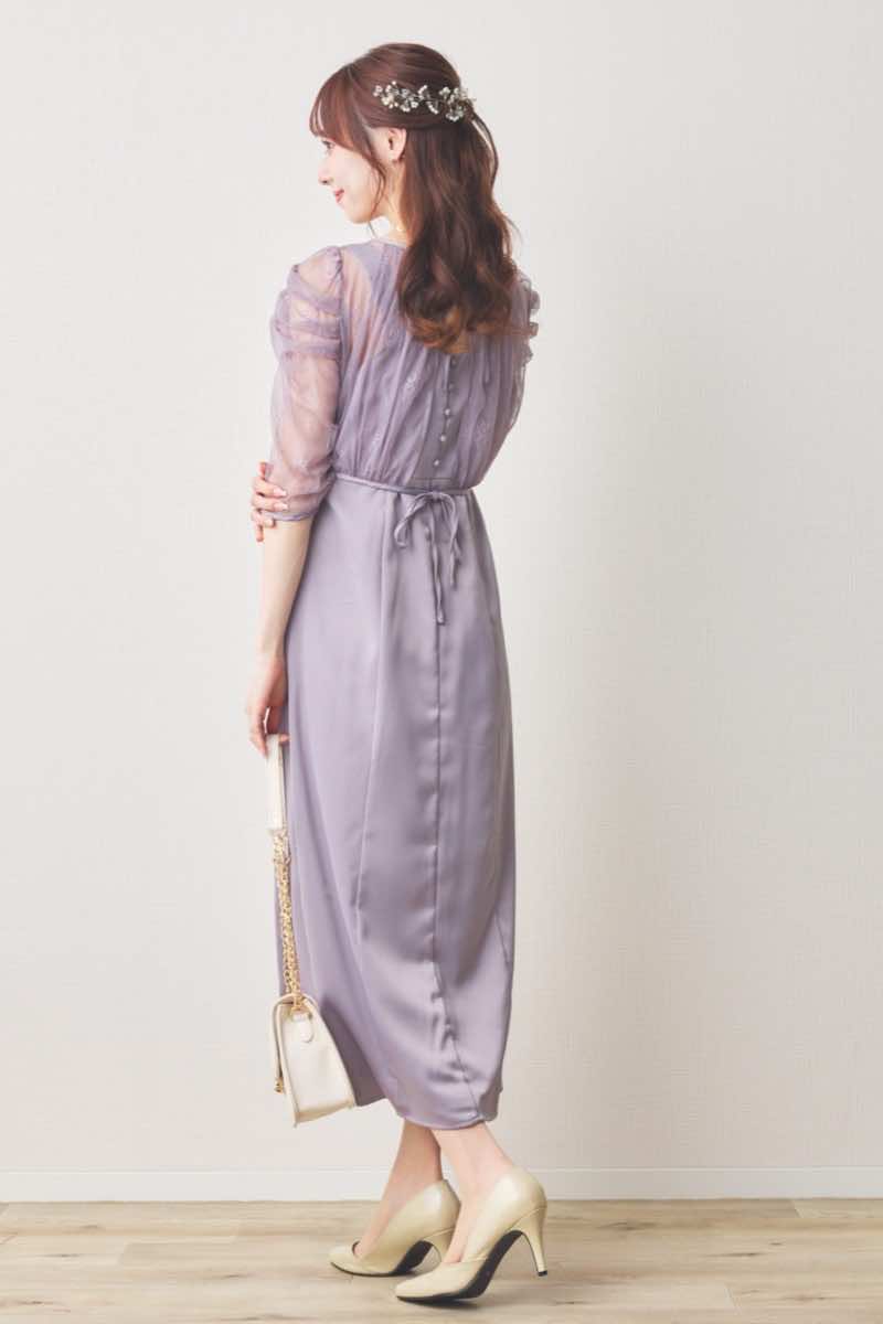 ラベンダーの総レースボレロ付きバックデザインドレス