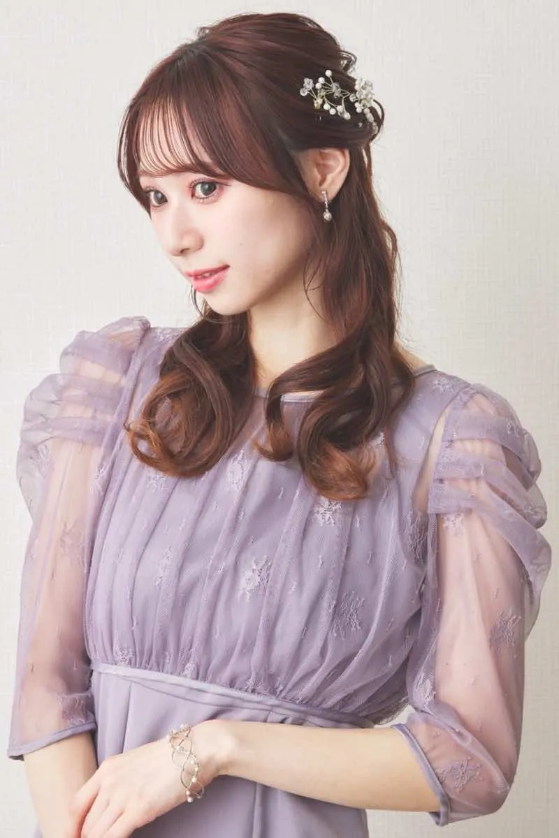 ラベンダーの総レースボレロ付きバックデザインドレス