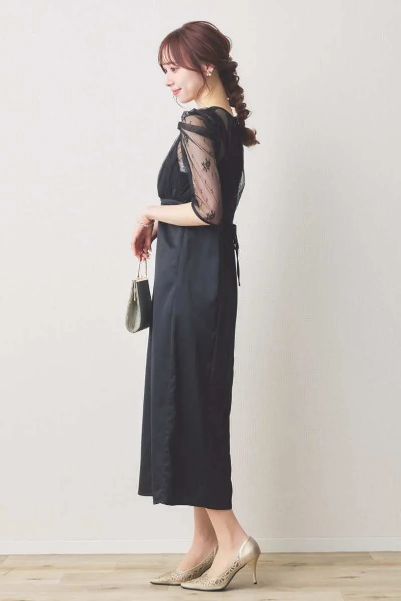 ブラックの総レースボレロ付きバックデザインドレス