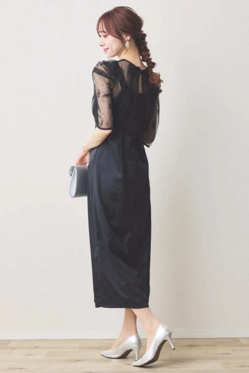 ブラックの総レースボレロ付きバックデザインドレス
