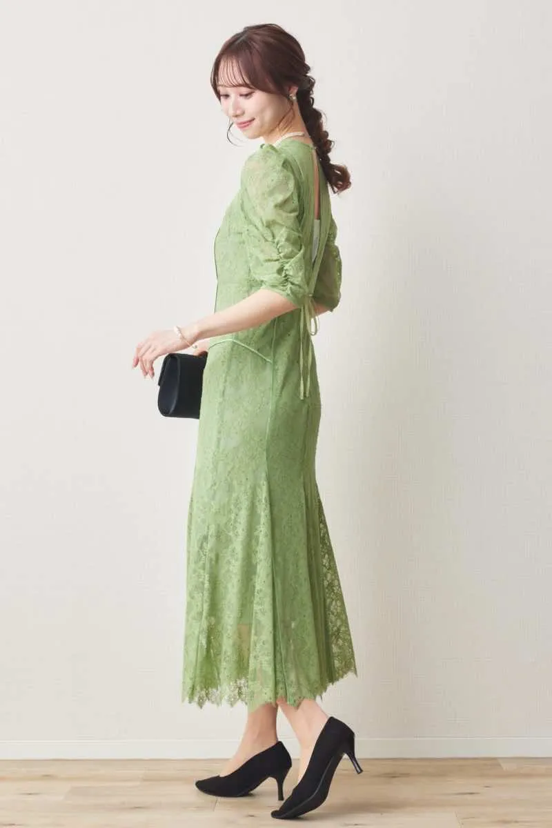 ライトグリーンのフラワーレースマーメイドドレス