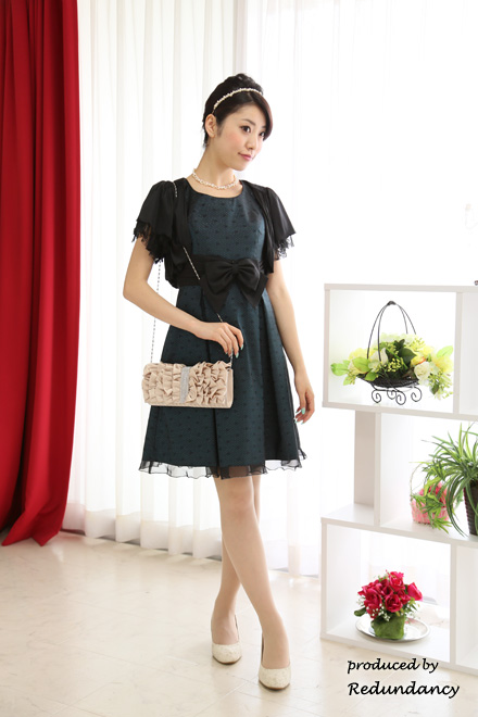 グリーンのドット柄ウエストリボンドレスコーディネートセット